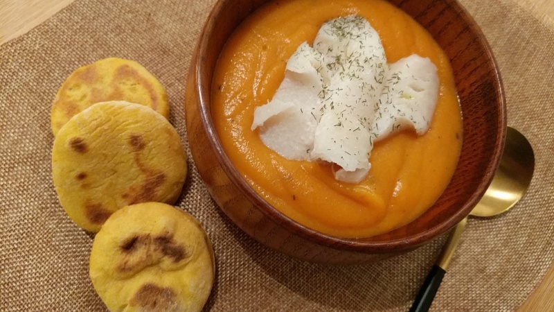 Velouté de carottes, courge, patate douce puis son cabillaud